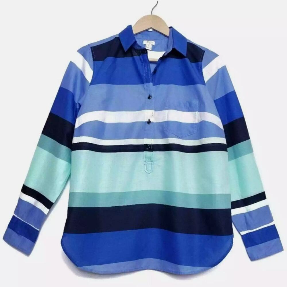 J. Crew Striped Cotton Popover Blouse Blue White Green Size Small